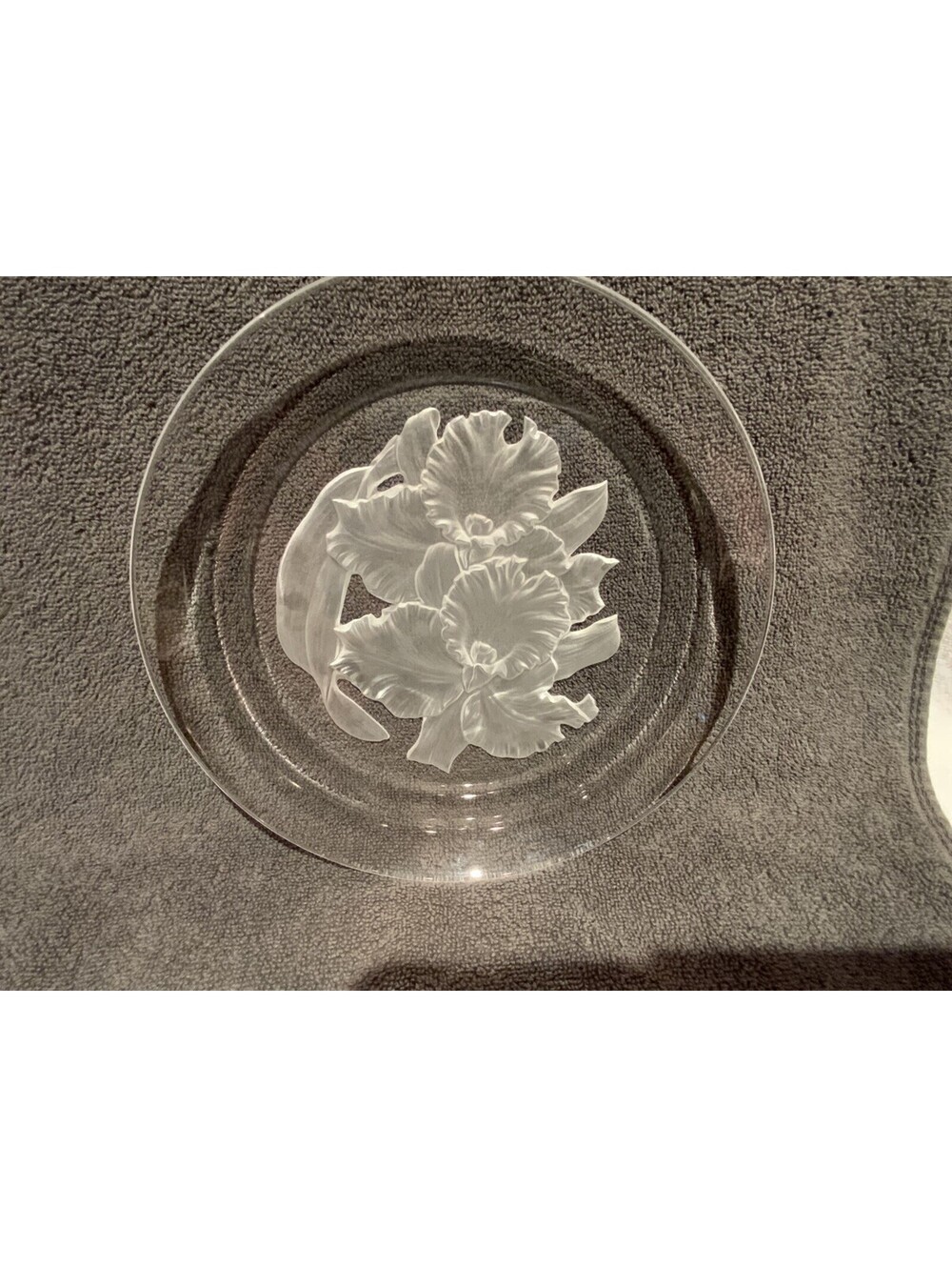 Vintage 80’s Frosted Crystal 8.25”D Cattleya Orchid Plate Signed T Yamamoto